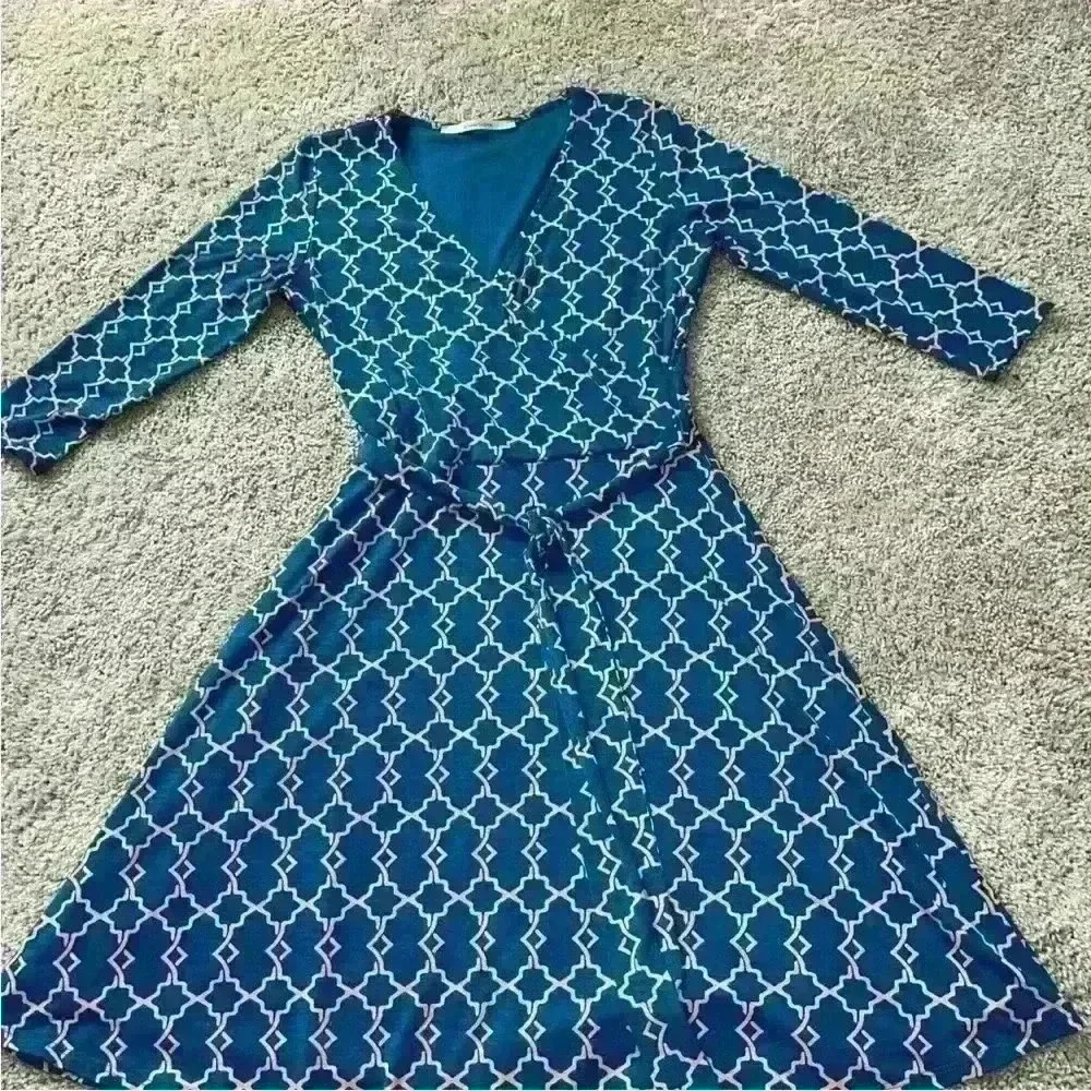 41Hawthorn Faux Wrap Dress 3/4 Sleeve Pink Teal Linded Size Small - Picture 2 of 5